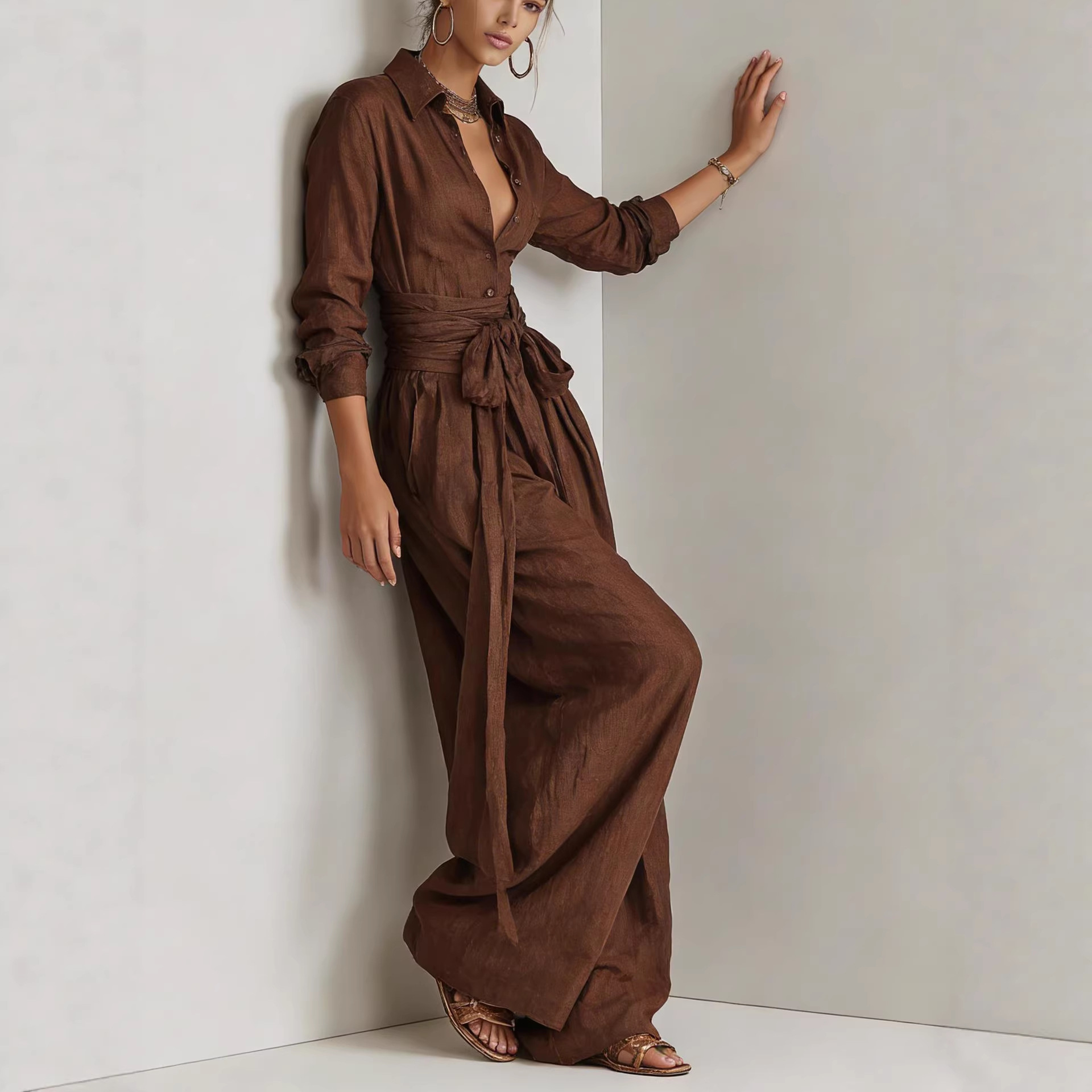 Women's collar long sleeve top and high-waist pants set – full outfit styled view