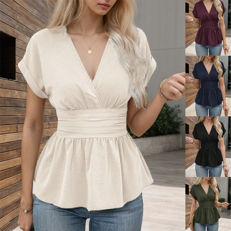 Women's V-neck peplum top product detail view – ruched waistband