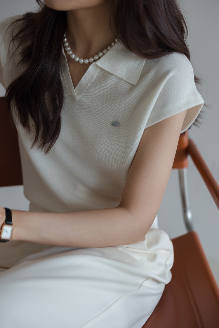 White Linen Tencel Flip Collar Knit Short Sleeve Women's Commuter Stylish Short Polo Shirt Top A18965B4FD024E2187CD584324FFF082