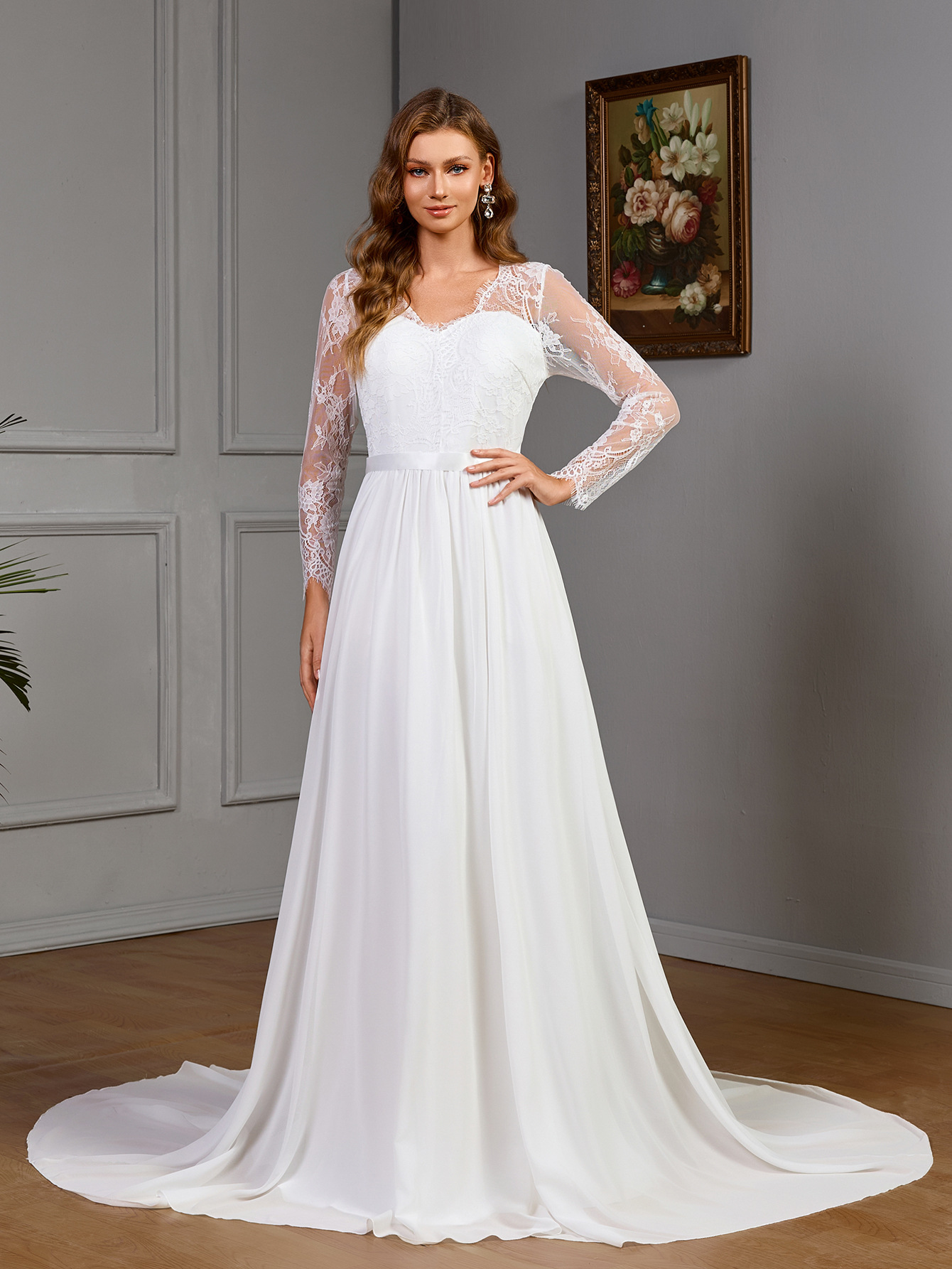 Plus size lace long sleeve wedding bridal dress in white — built-in bra and puff skirt for curvy women sizes S to XL