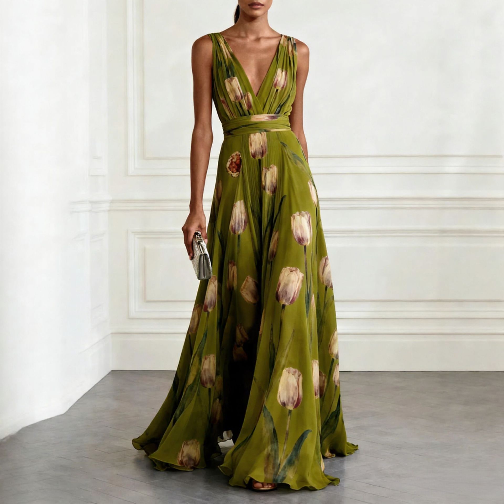 Women's tulip print sleeveless maxi dress in green – deep V-neck A-line elegant style