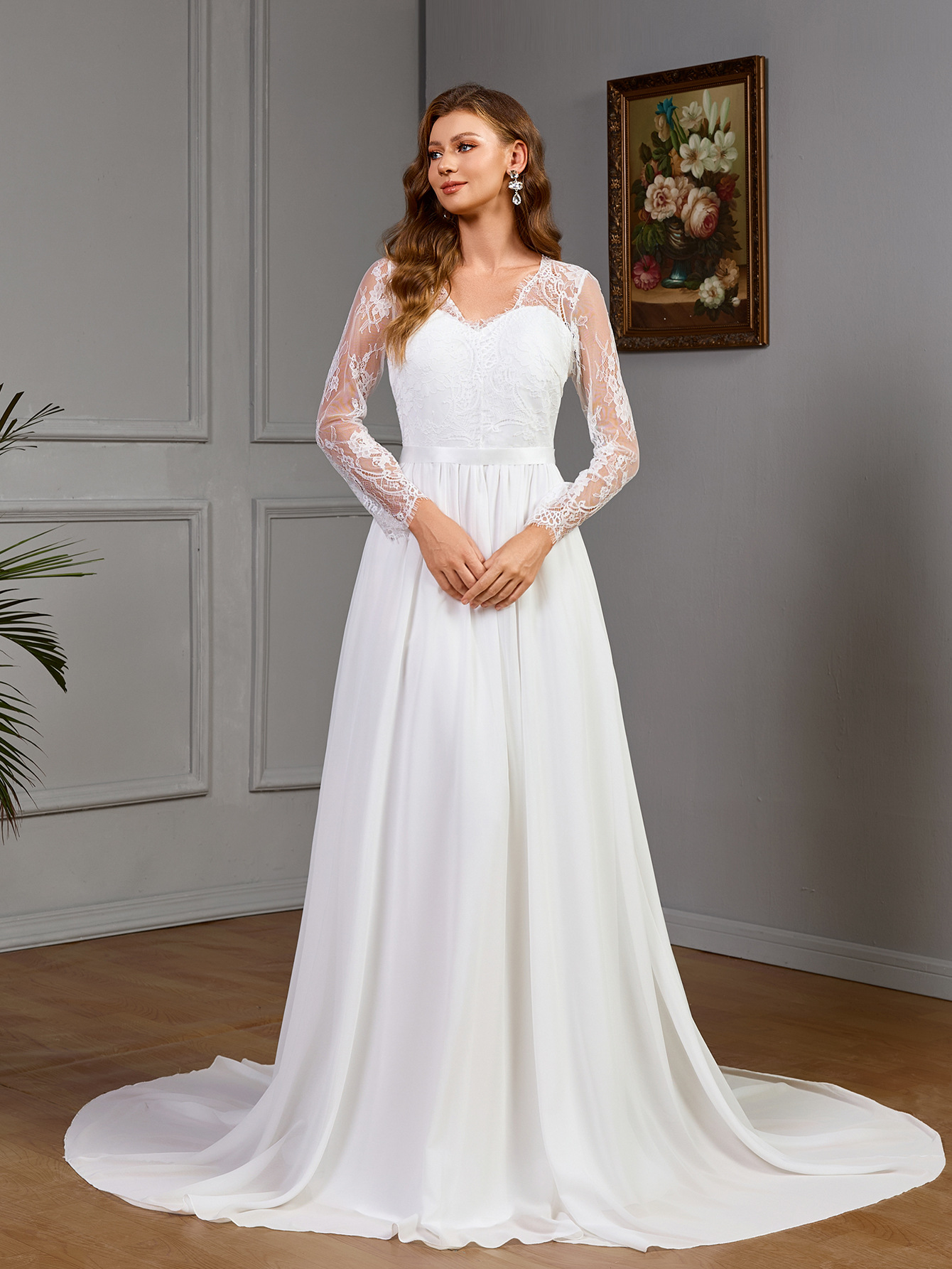 Plus size lace long sleeve wedding bridal dress in white — built-in bra and puff skirt for curvy women sizes S to XL