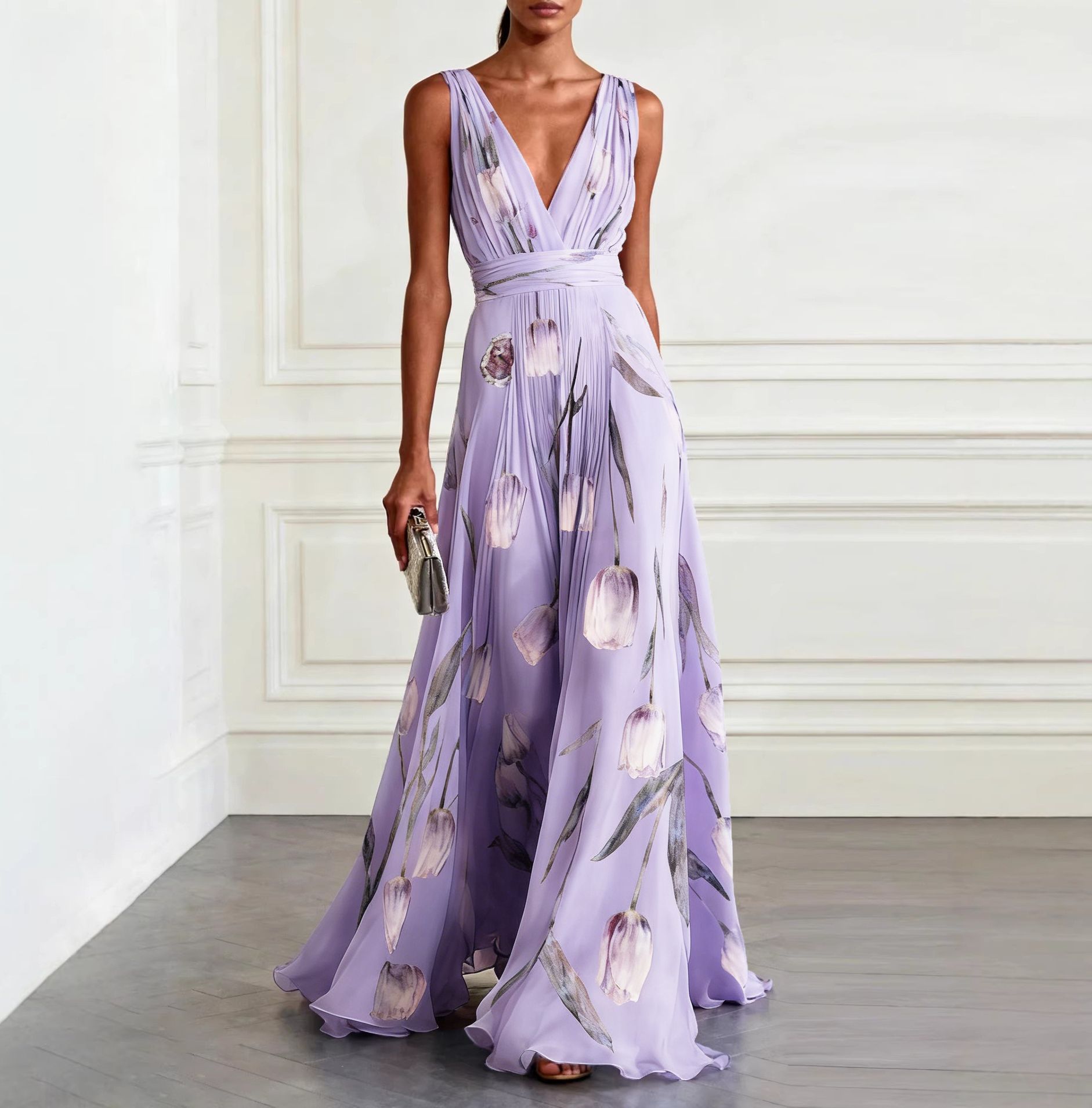 Women's tulip print maxi dress in orange – sleeveless deep V-neck A-line elegant