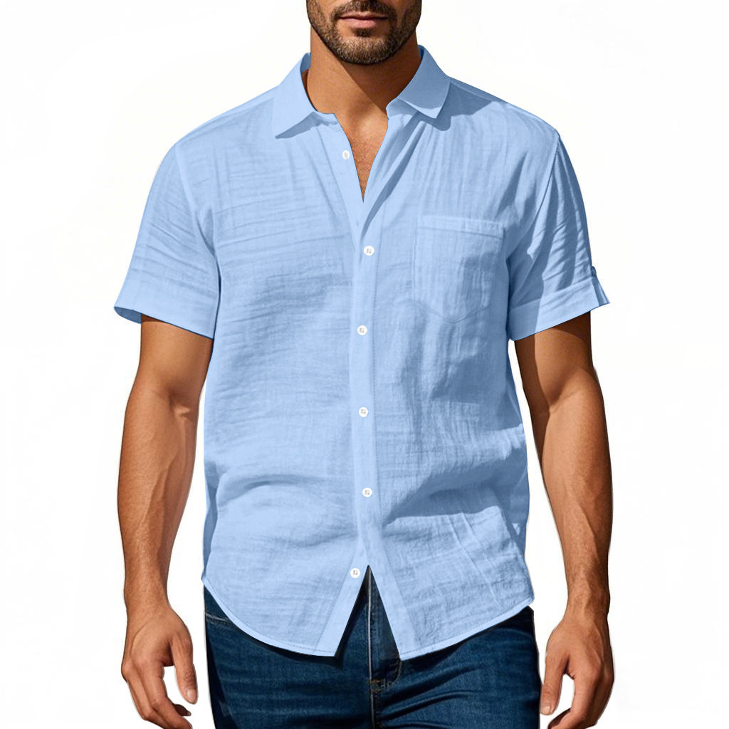 Cotton Linen Short Sleeve Shirt for Men Turn-down Collar Casual PocketDress Shirt, Summer AECC5CFB0EA998830A8917EC9615D497