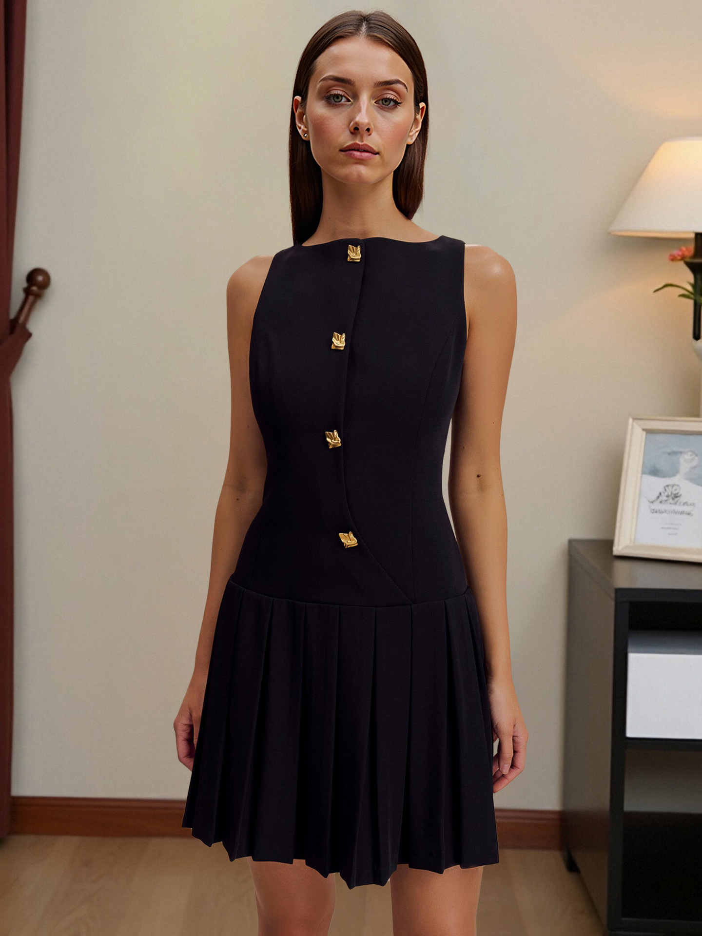 Royal blue ruched mini dress lifestyle photo – high waist V-neck sleeveless chic style