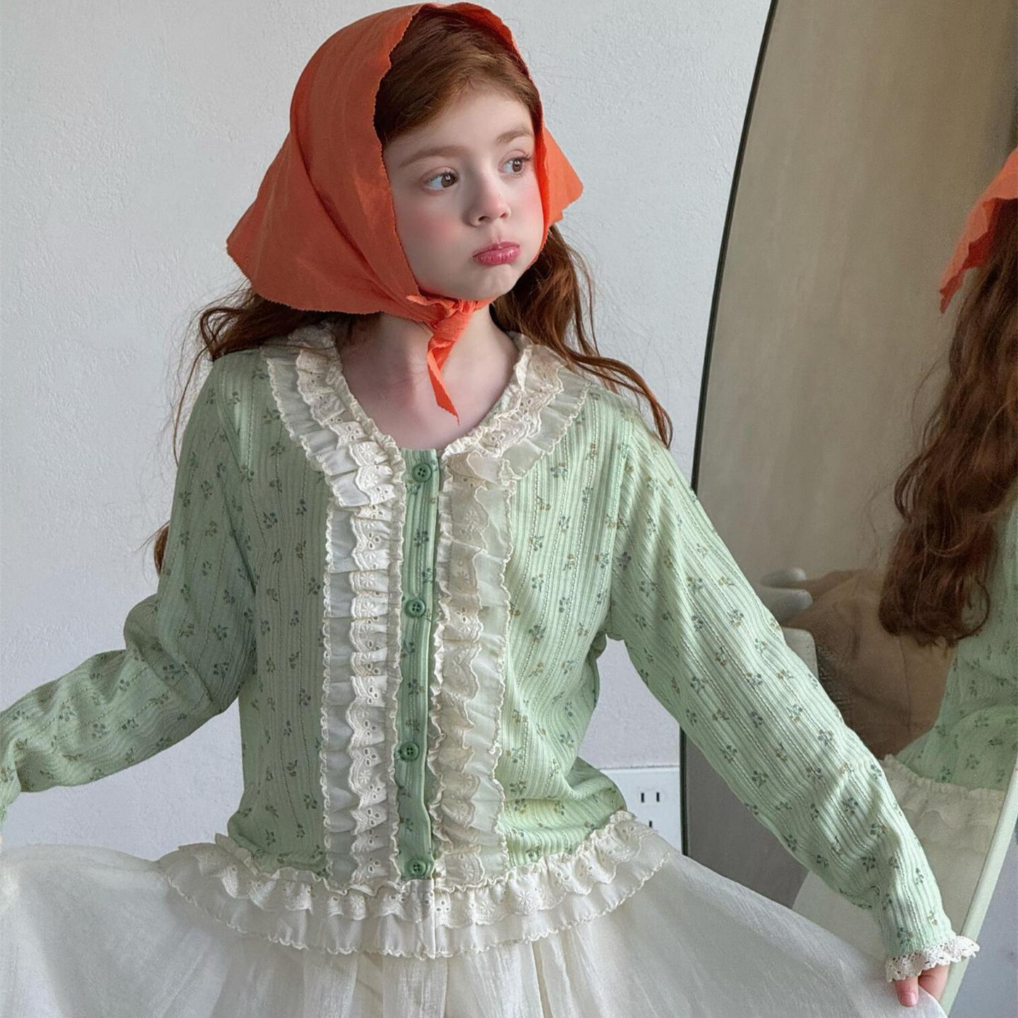 Children's Girls Floral Lace Cardigan Round Neck Top INS Innerwear