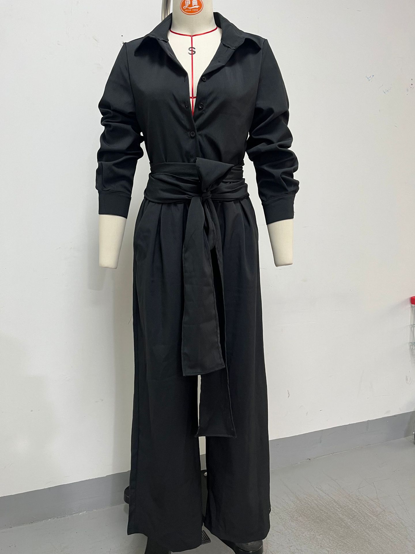 Women's collar long sleeve top and high-waist pants two-piece set in brown – loose fit casual style