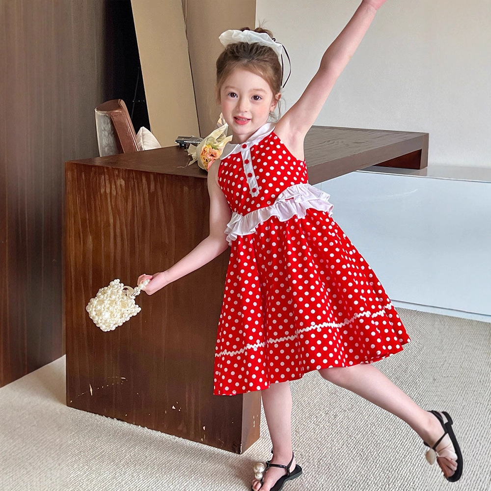 Children's Dress Summer New Style Vacation Wind Polka Dot Halter Neck Sleeveless Dress Princess for