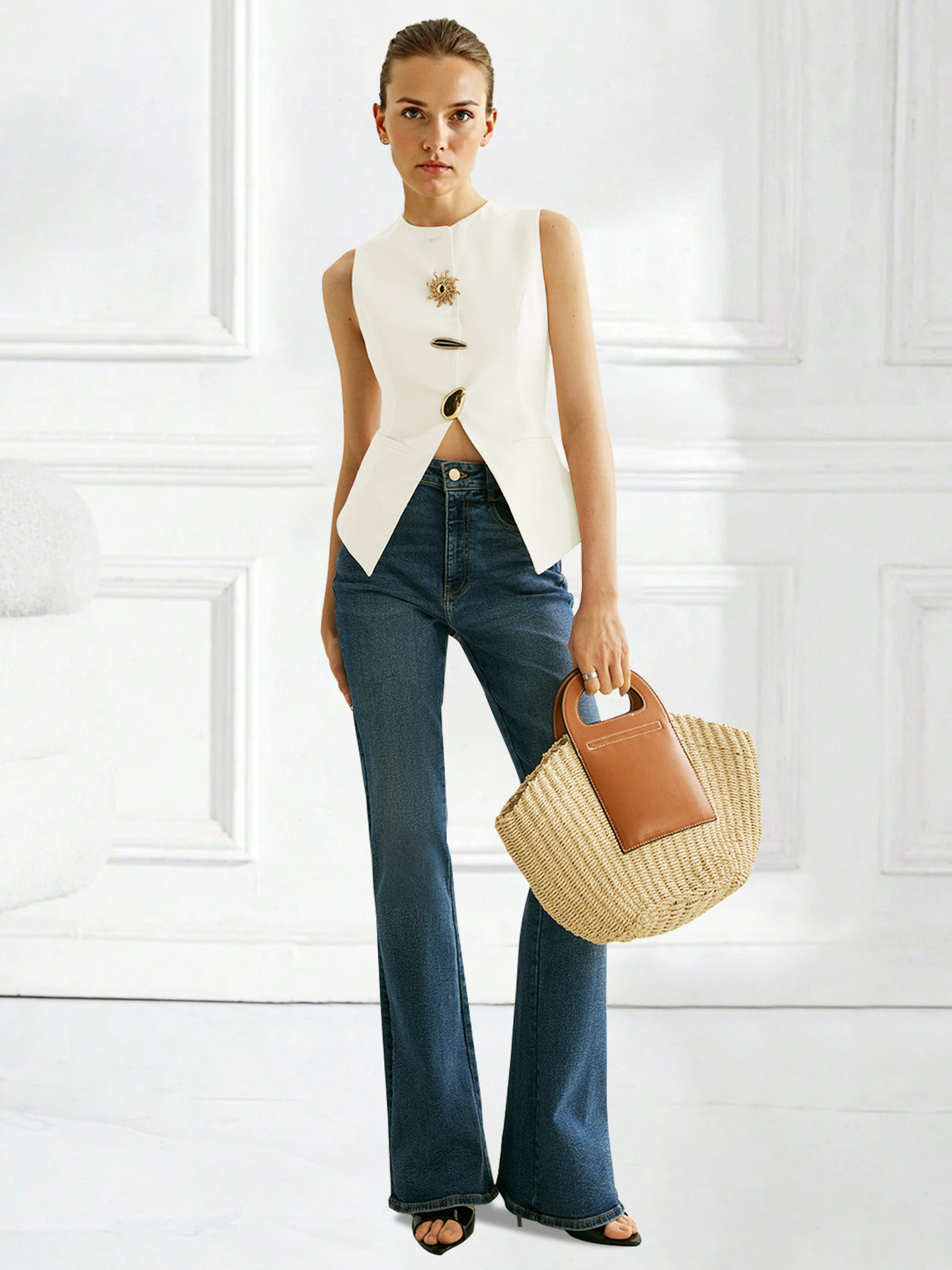 Solid sleeveless vest top apricot – full length outfit view