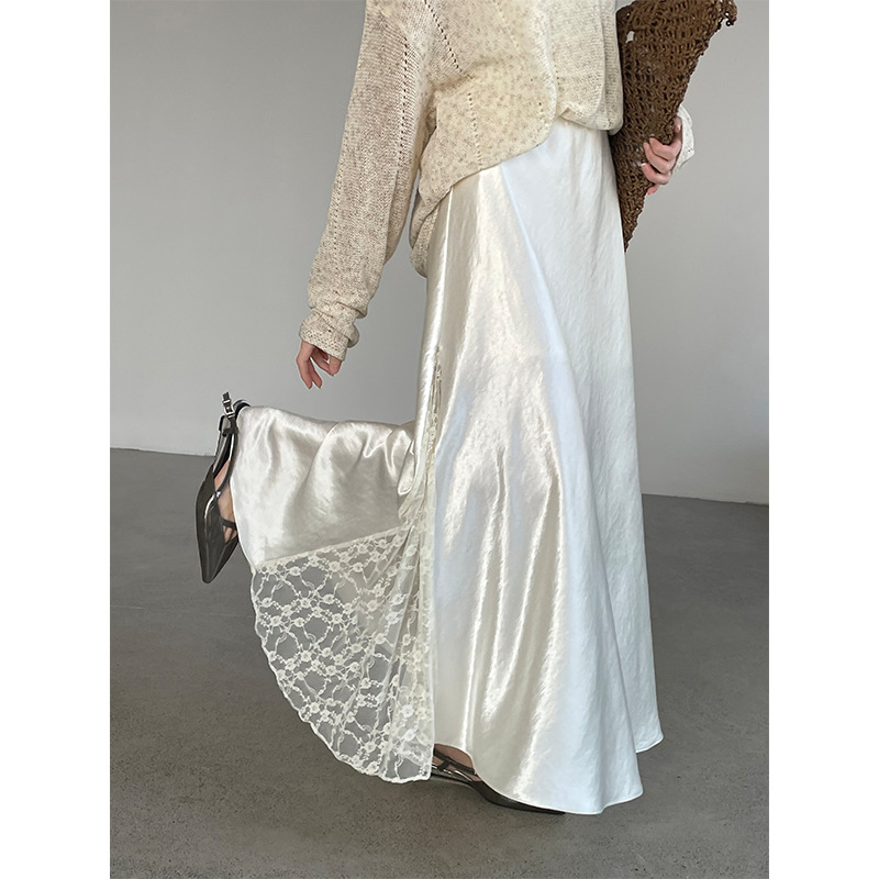 Taochuan Elegant Goddess Style Silk Satin Lace Skirt for Women, Flowy Wide Hem, Versatile Mid-Length