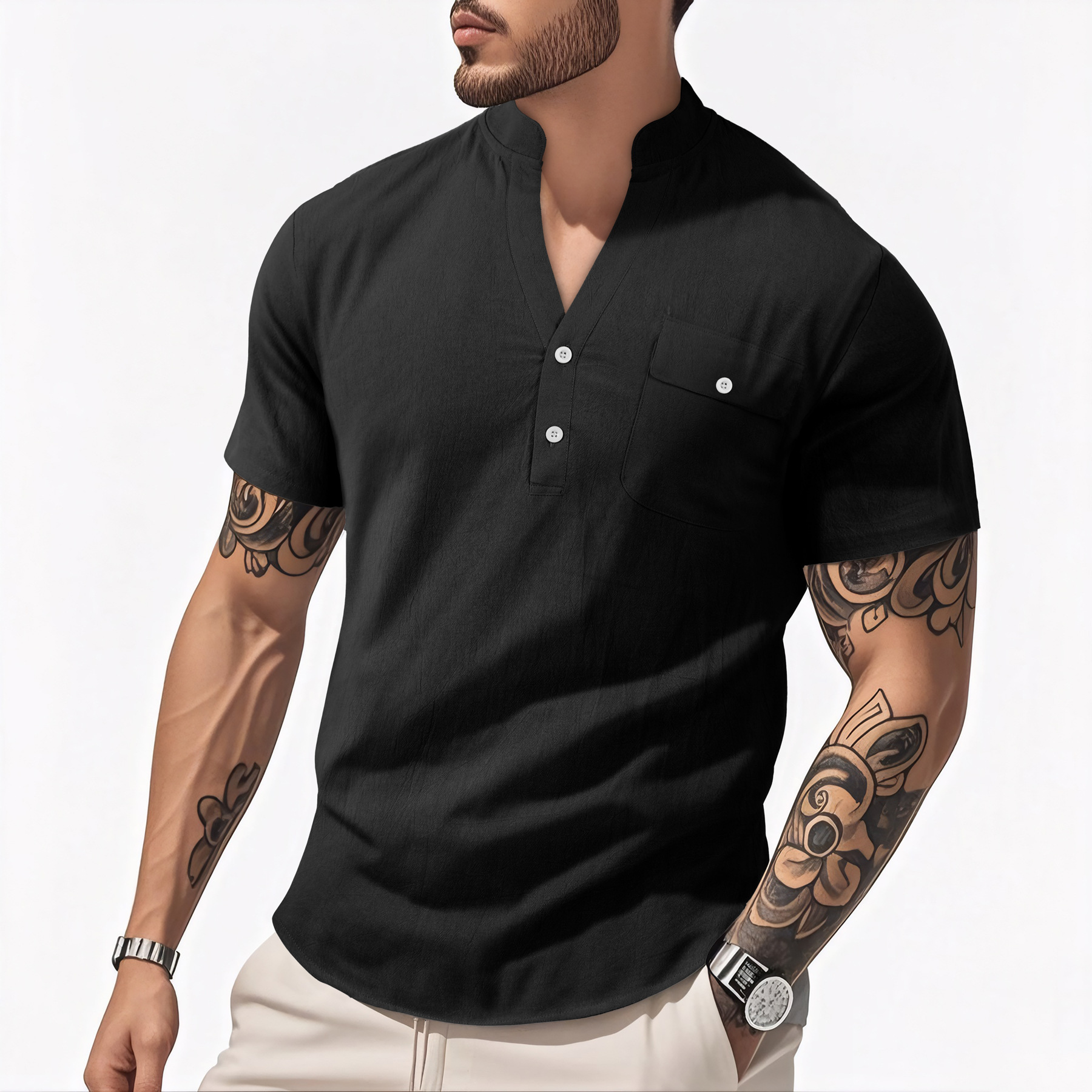 Casual Loose Cotton Linen Short Sleeve Shirt for Men with Stand Collar and Henley Neckline B9FF91660DDE9926E4D0B0C43DE36886