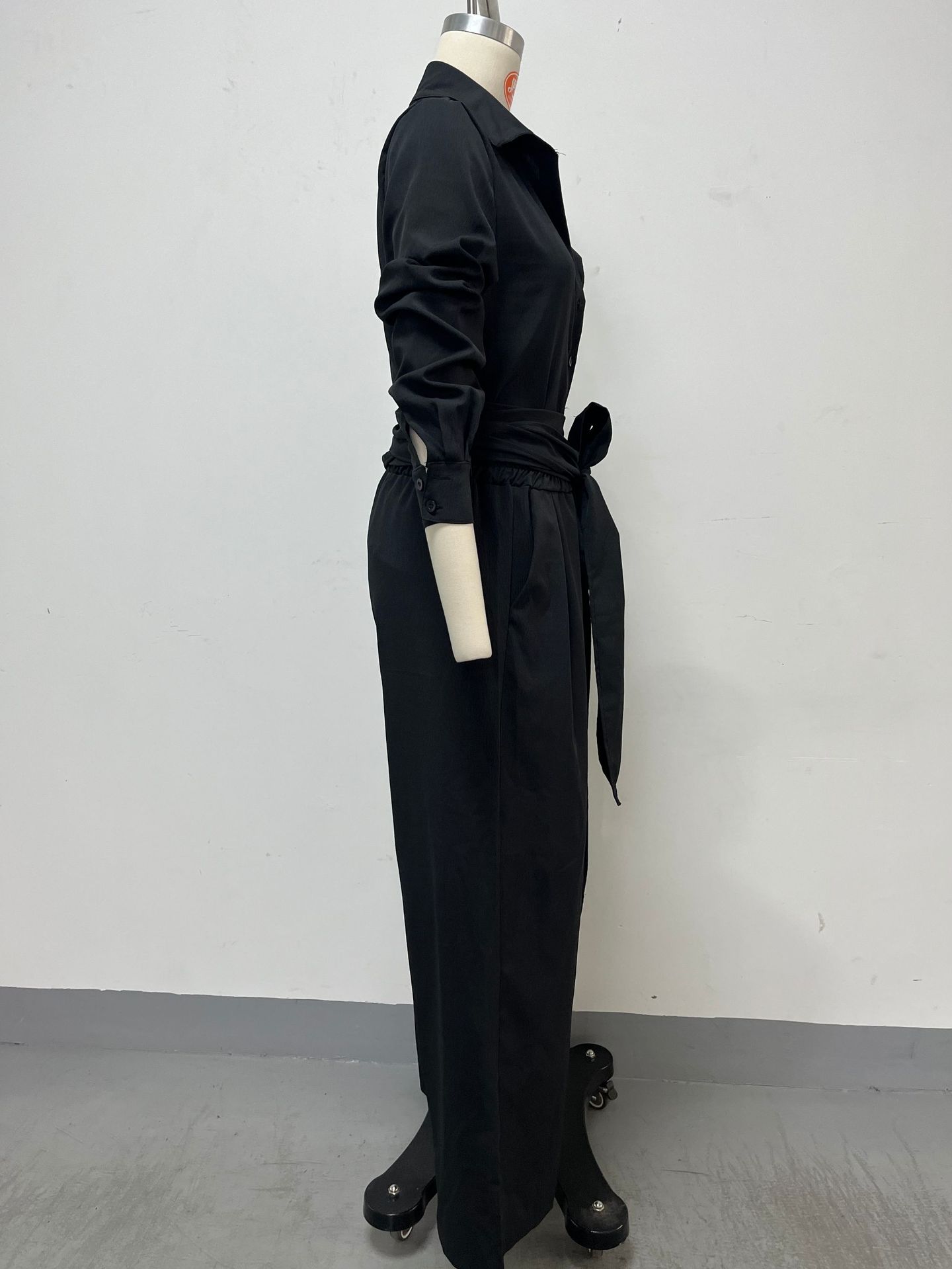 Women's collar top and high-waist pants set in white – long sleeve loose fit two-piece