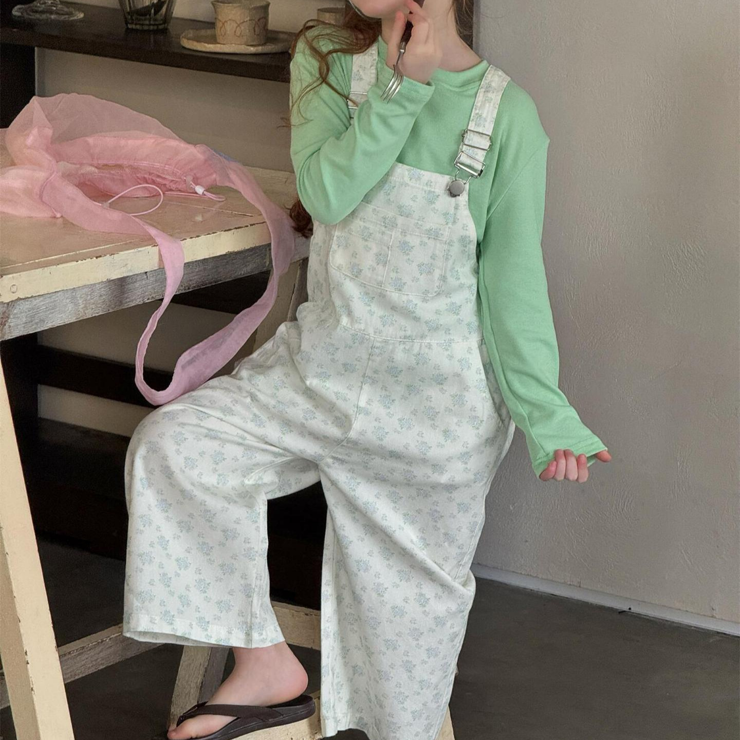 Cute Floral Print Loose Overalls Pants for Girls Summer Casual Pants