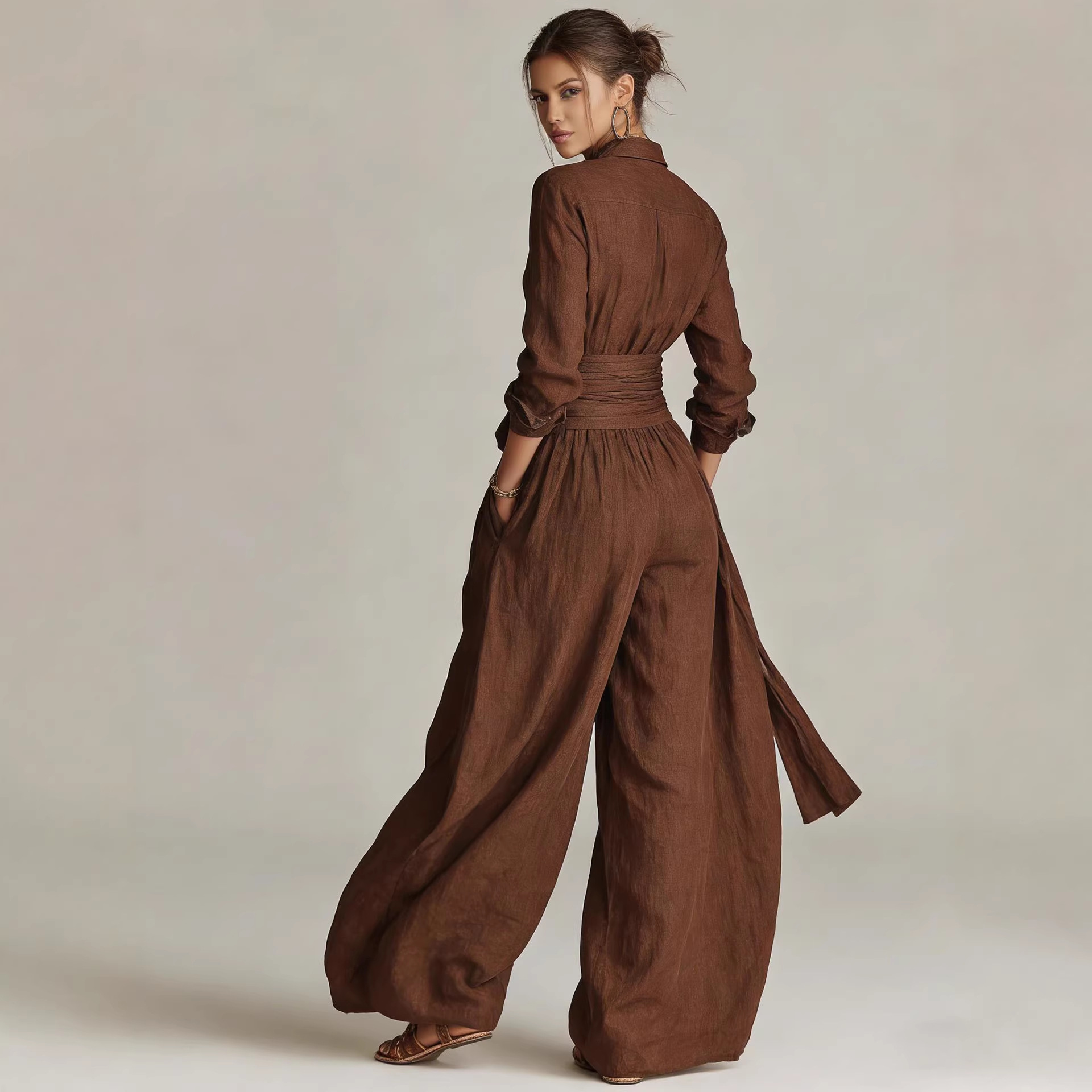 Women's collar top and high-waist pants set – linen cotton blend loose fit styled view
