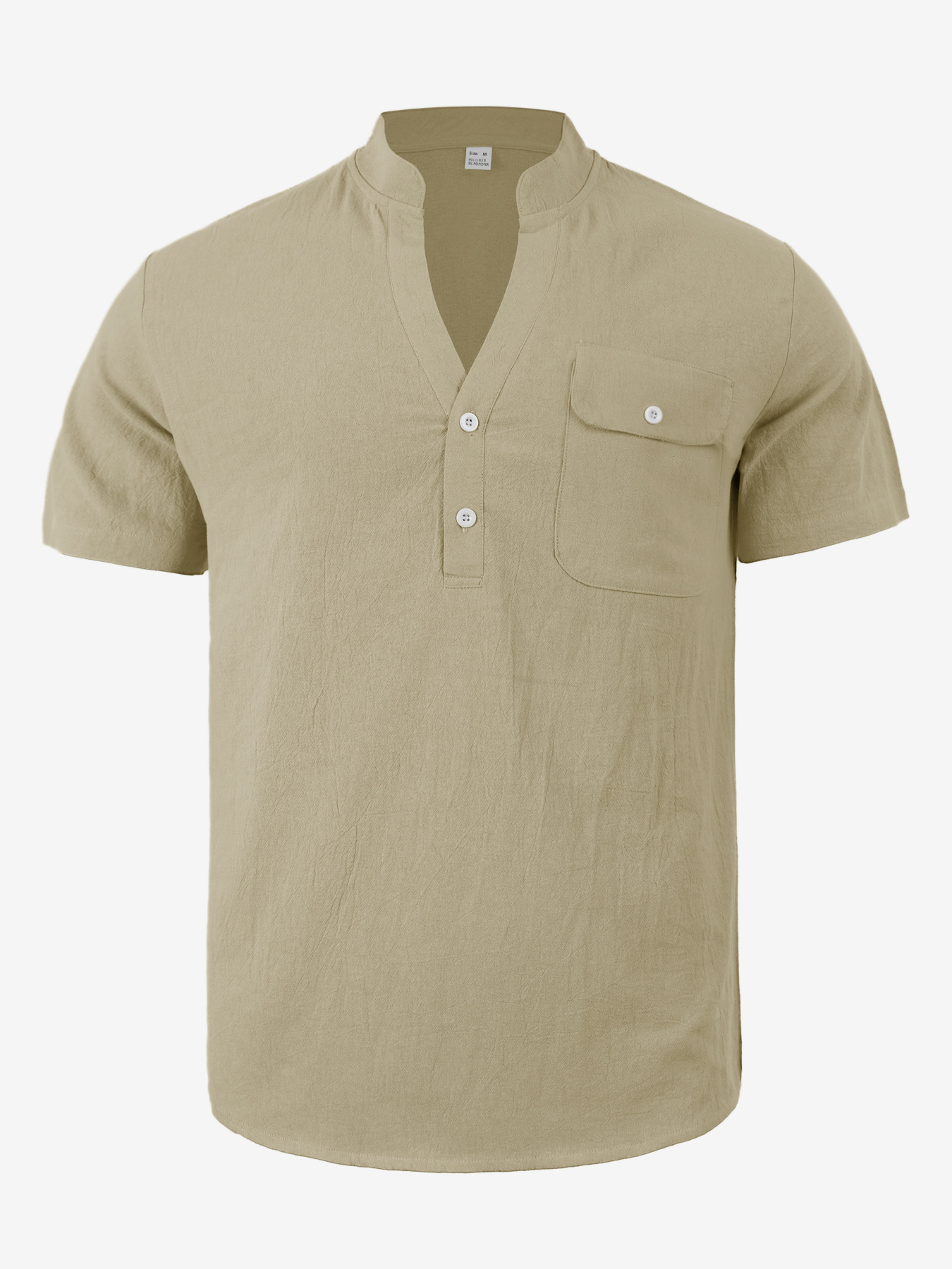 Casual Loose Cotton Linen Short Sleeve Shirt for Men with Stand Collar and Henley Neckline BCF1B1D5F36BB51B9FFFA25CF86AED45