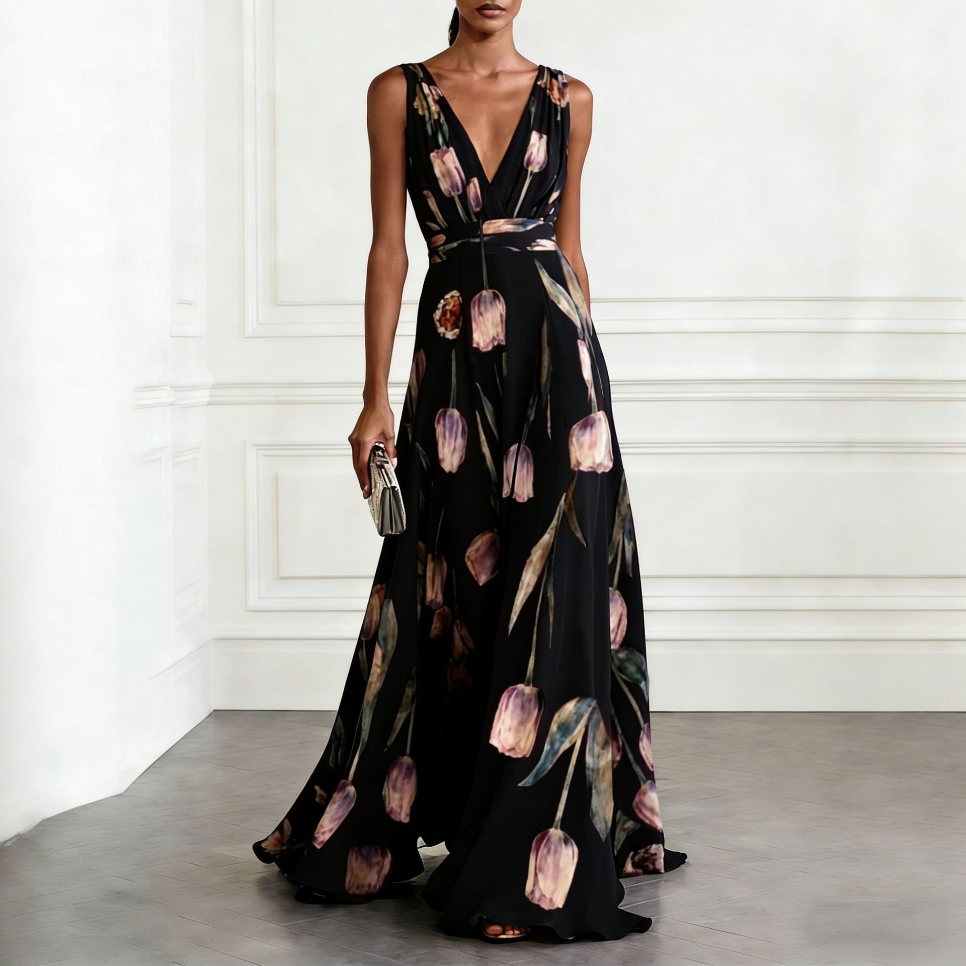 Women's tulip print sleeveless maxi dress in black – deep V-neck A-line elegant style