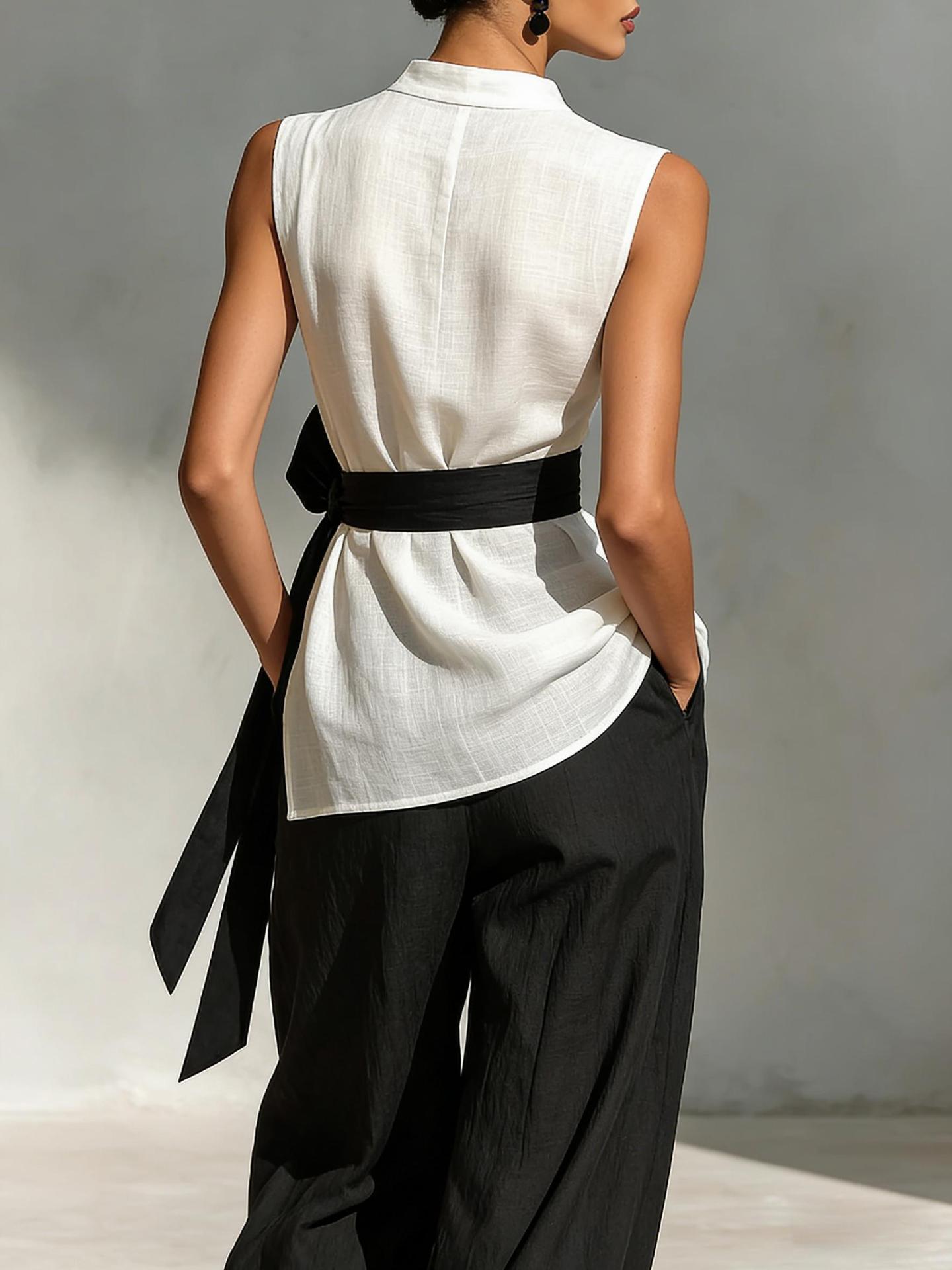 Women's lace-up sleeveless top and wide-leg pants set in white – full length styled view
