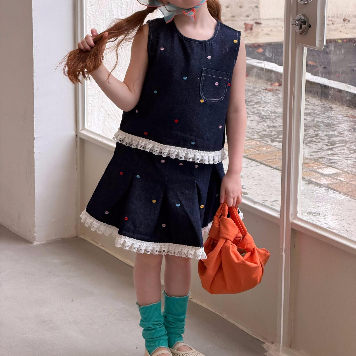 Children's Clothing Set for Girls, Embroidered Color-block Denim Skirt and Sleeveless Top Two-piece