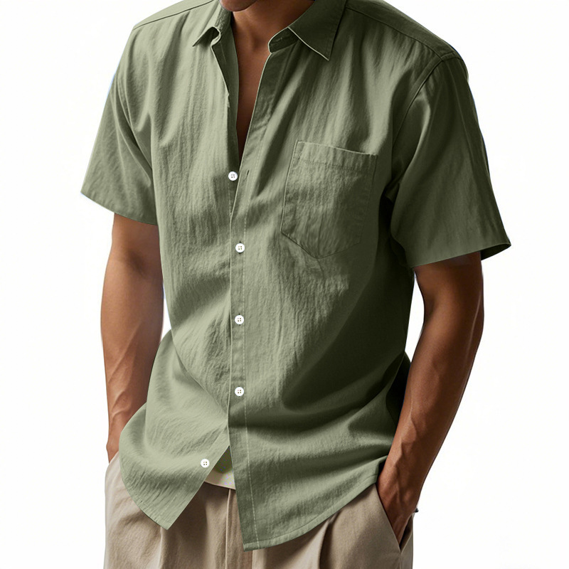 Cotton Linen Short Sleeve Shirt for Men Turn-down Collar Casual PocketDress Shirt, Summer C4C51CFAAC48606498BBB19BC075A20E