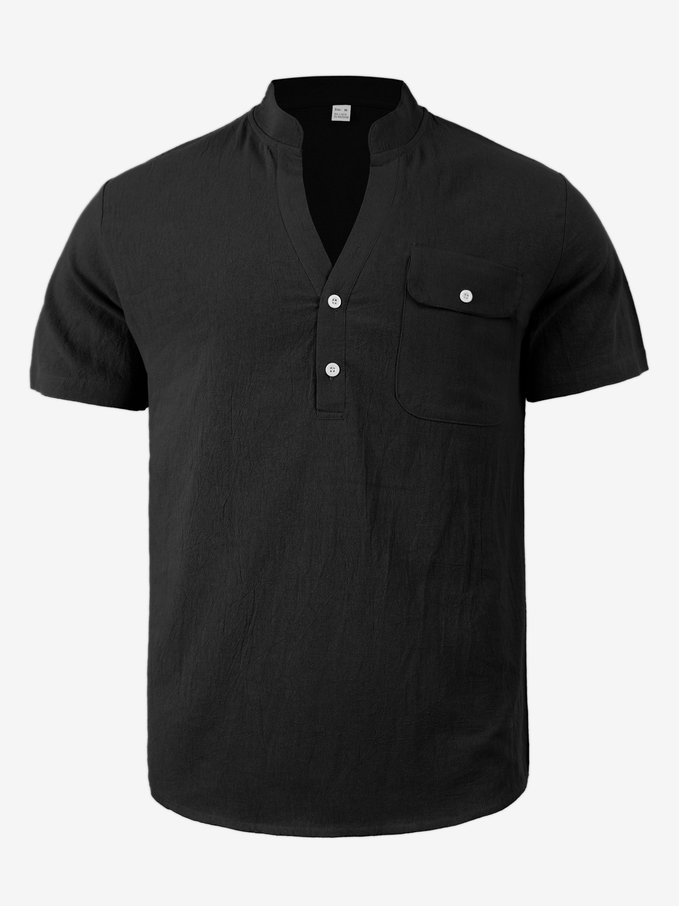 Casual Loose Cotton Linen Short Sleeve Shirt for Men with Stand Collar and Henley Neckline C6E65D3F07B60F880C45DE1A5B7BADC2