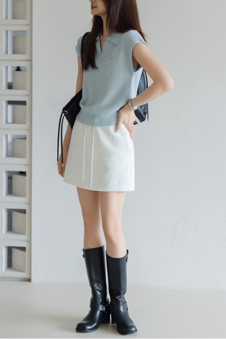 White Linen Tencel Flip Collar Knit Short Sleeve Women's Commuter Stylish Short Polo Shirt Top CCBE24204B7DEB13BB6EEF77BFB619BD