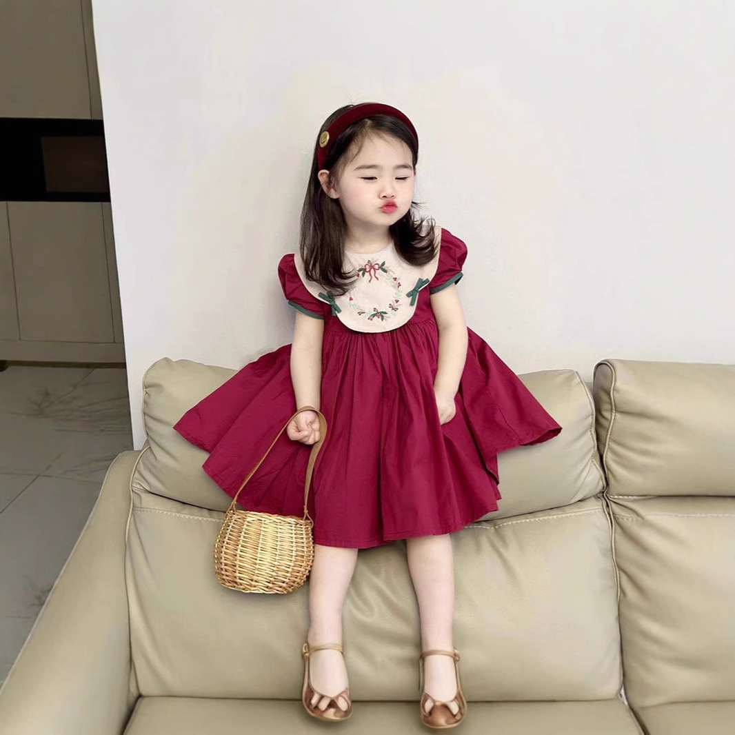 Charming Girls' Dress Summer Fashion Vintage Puff Sleeve Embroidered Princess Dress for Kids Medium