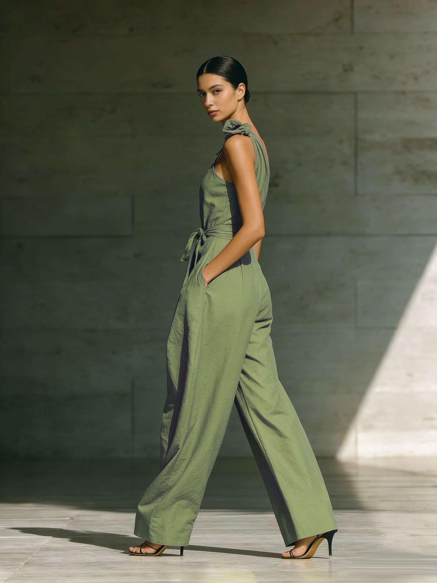Women's sleeveless halter neck cinched waist jumpsuit in wine red – slim fit high waist style