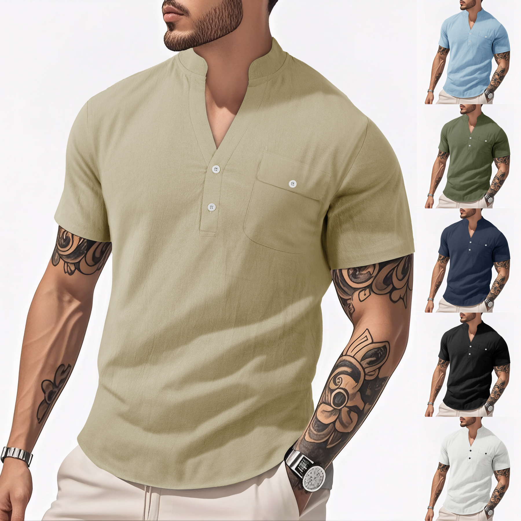 Casual Loose Cotton Linen Short Sleeve Shirt for Men with Stand Collar and Henley Neckline DD5053C25F4D6FD0CA233D324317B42A
