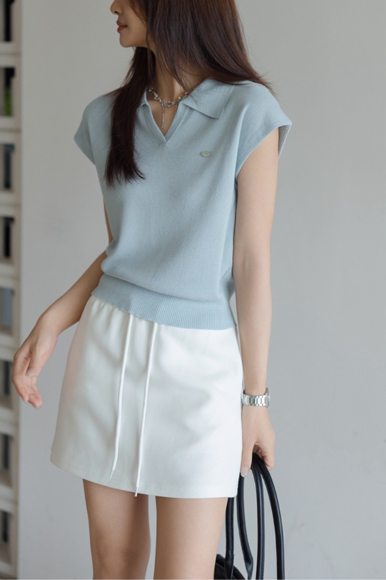 White Linen Tencel Flip Collar Knit Short Sleeve Women's Commuter Stylish Short Polo Shirt Top E29986E222260DAC759D5059EE899CF6