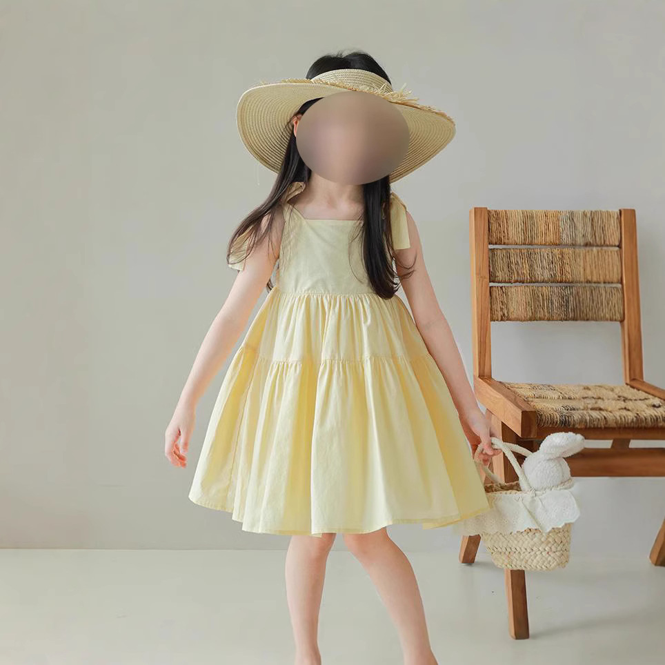Girls' Summer Fashion Simple Solid Color Belted Dress, Strap Dress for Kids