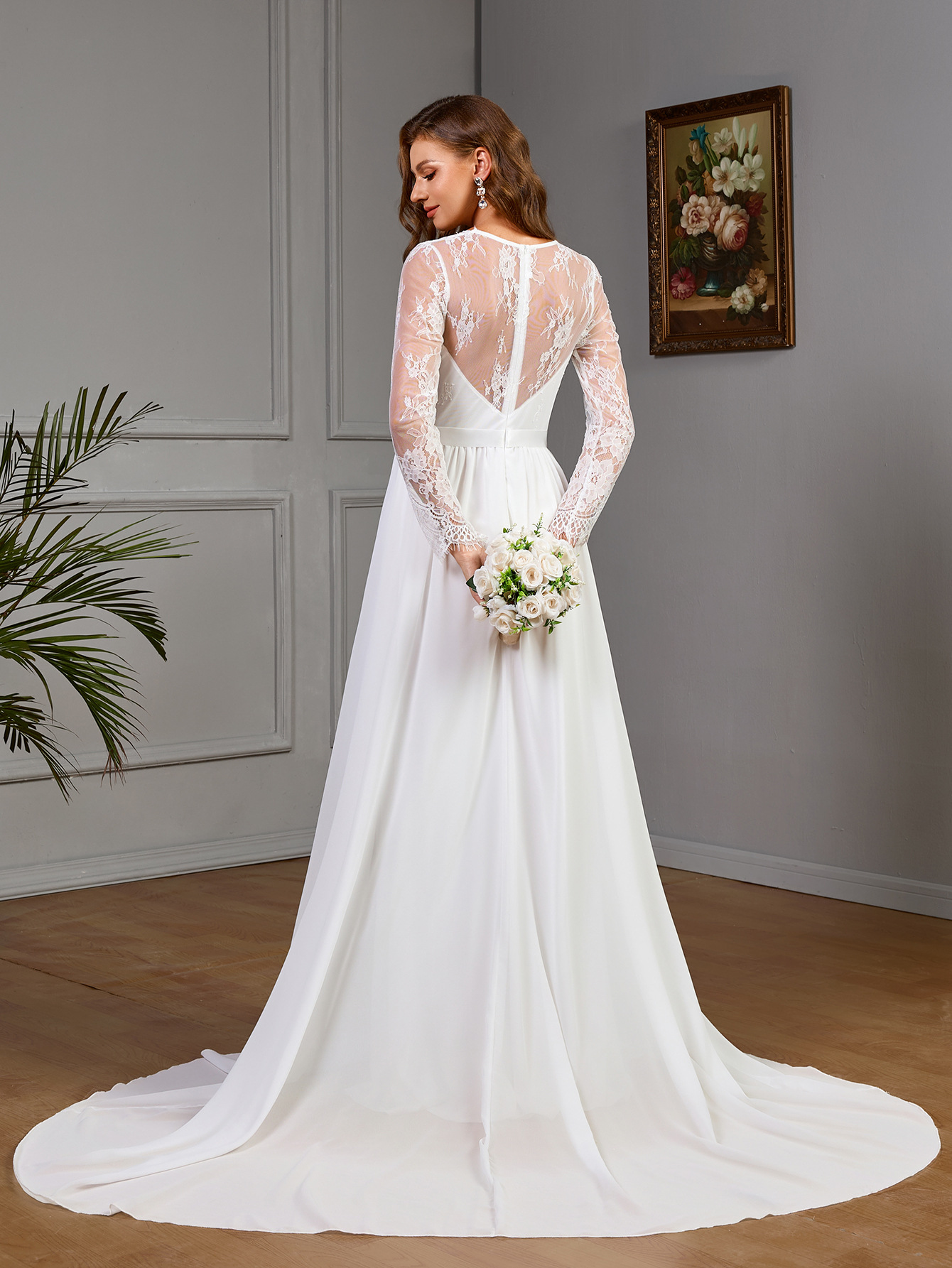 Plus size lace long sleeve wedding bridal dress in white — built-in bra and puff skirt for curvy women sizes S to XL