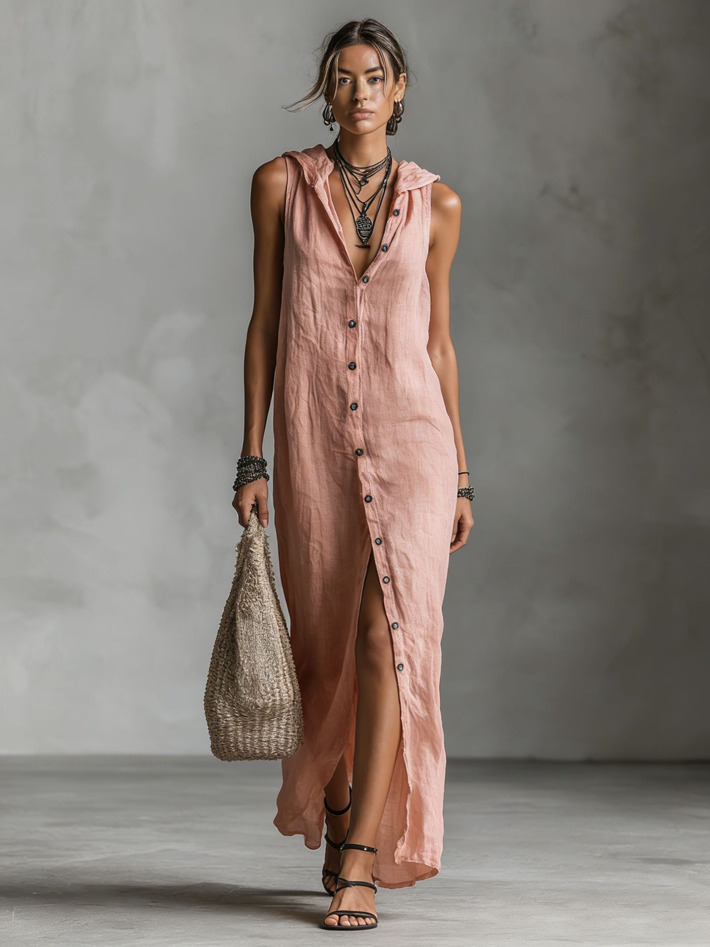 Women's loose fit hooded maxi dress – sleeveless deep V-neck styled full length view