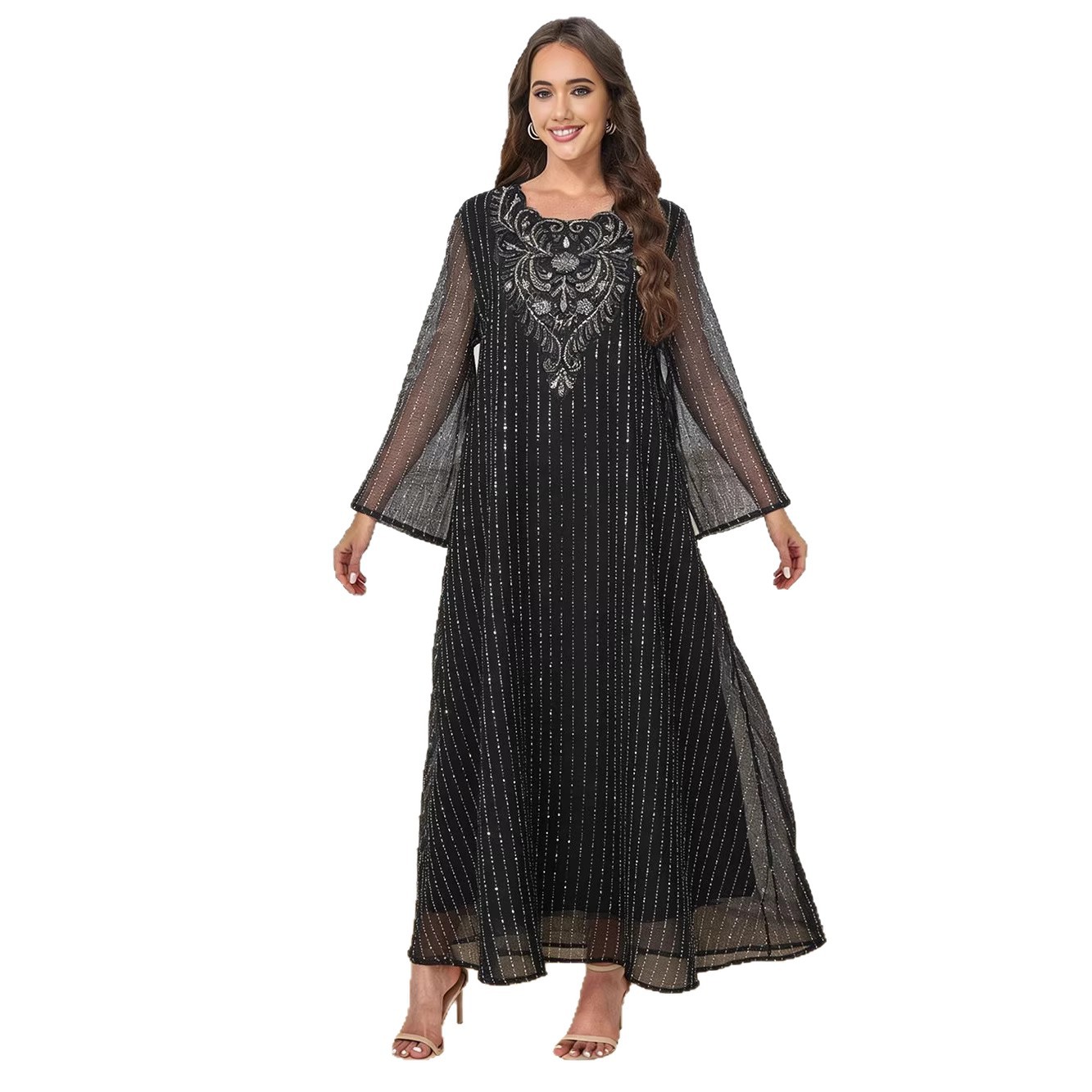Mesh long sleeved round neck women's dress