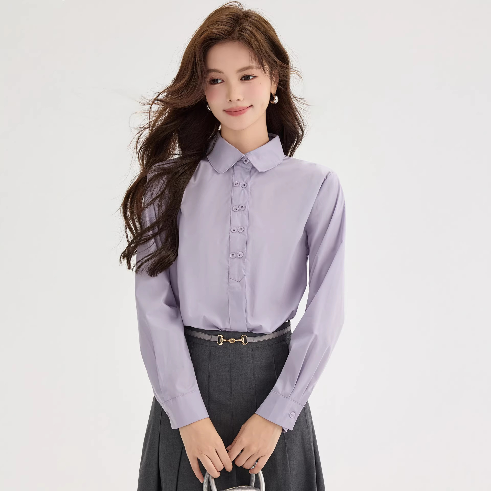 Chic Little Black Dress Style Long Sleeve Shirt for Women, Elegant Luxury Casual Top