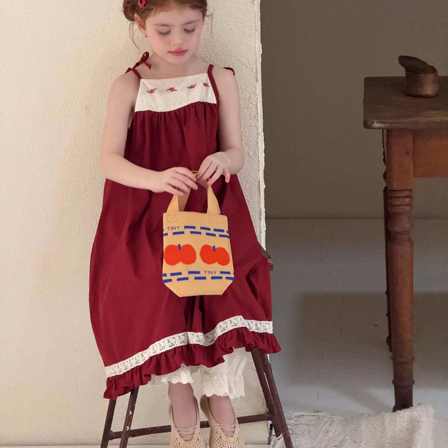 Children's Clothing Summer New Girl Dress Red Patchwork Sleeveless Strap Long Dress