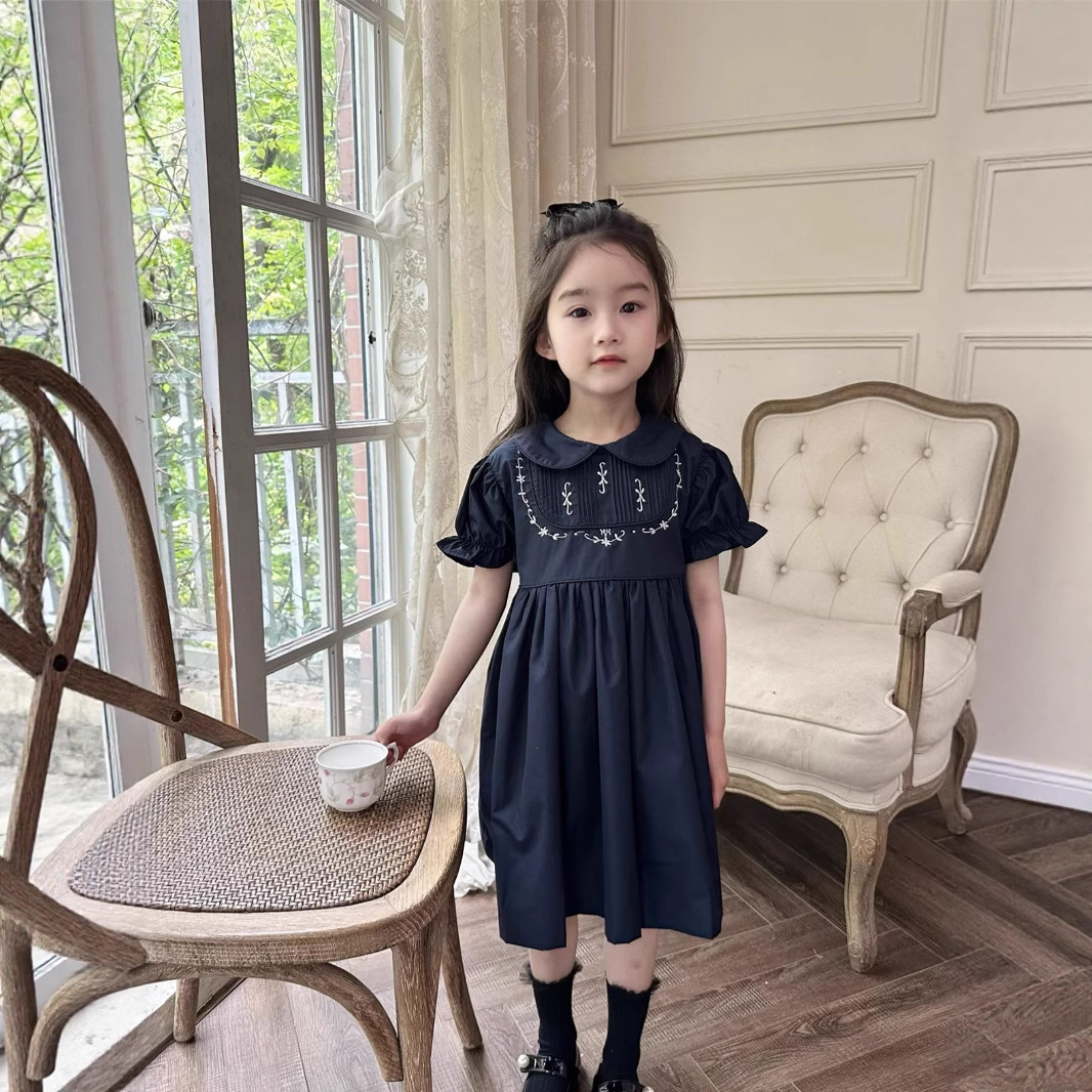 Chic Blue Embroidered Short Sleeve Princess Dress for Girls, Vintage Style Summer Dress, Kids Casual