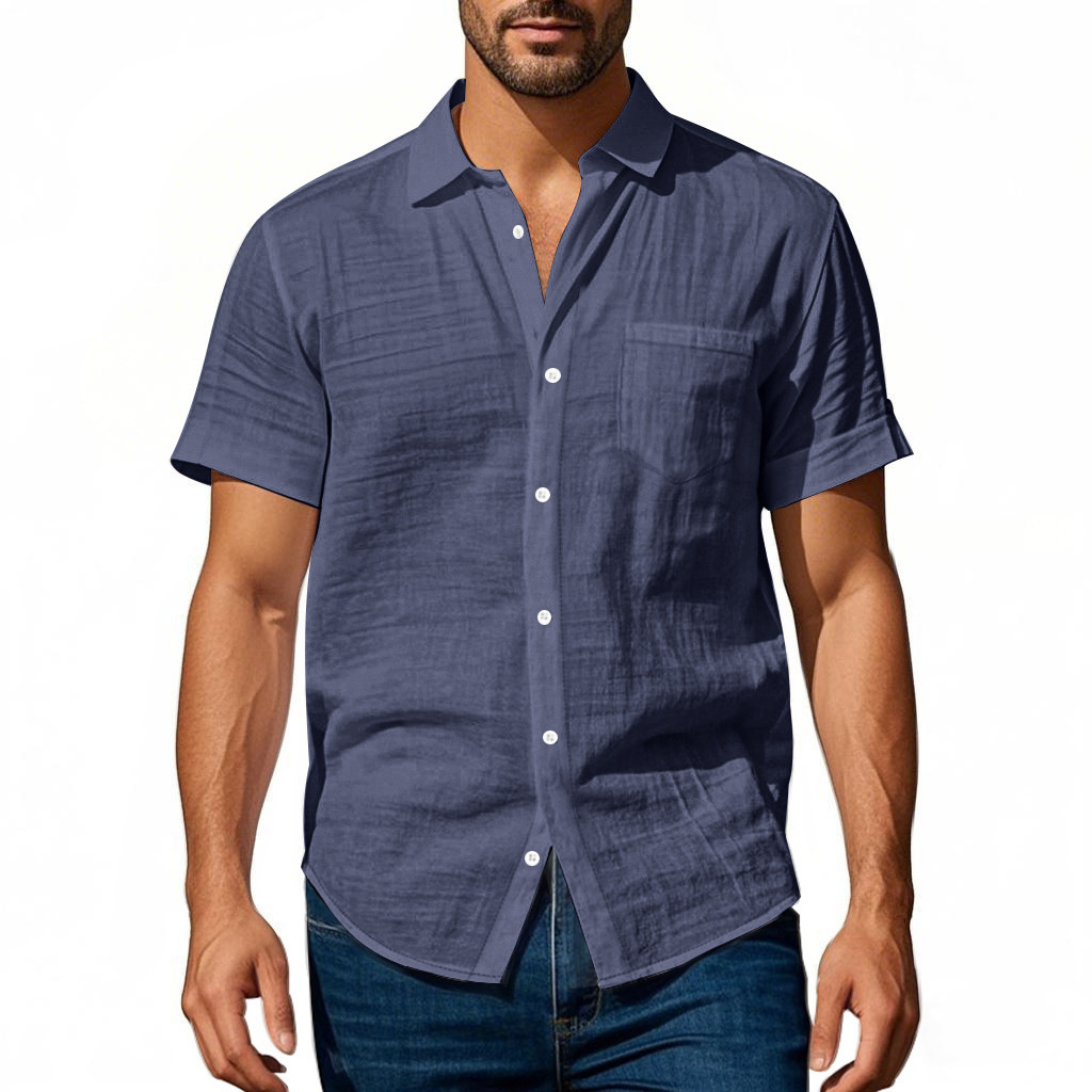 Cotton Linen Short Sleeve Shirt for Men Turn-down Collar Casual PocketDress Shirt, Summer F21FE55ED156AF871736C379BEE7B0E7