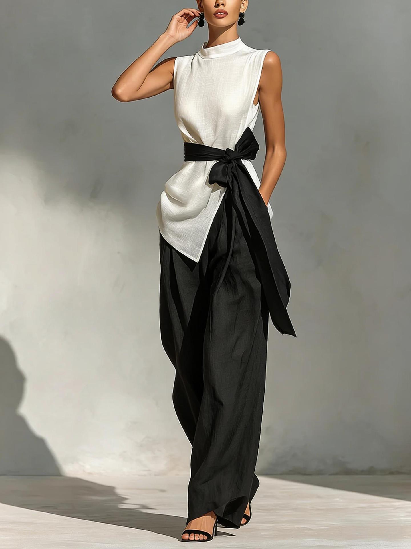 Women's white lace-up sleeveless top and wide-leg pants two-piece – casual summer styled look