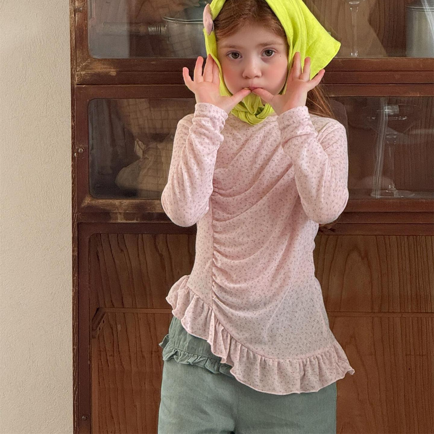 Cute Floral Pink Round Neck Top for GirlsChildren's Basic Shirt