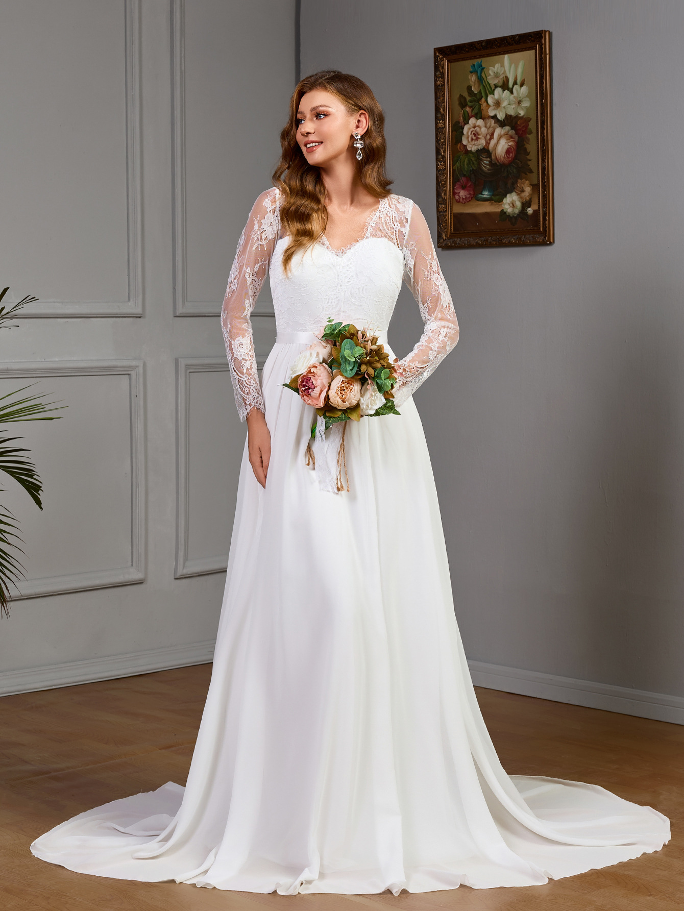 Plus size lace long sleeve wedding bridal dress in white — built-in bra and puff skirt for curvy women sizes S to XL