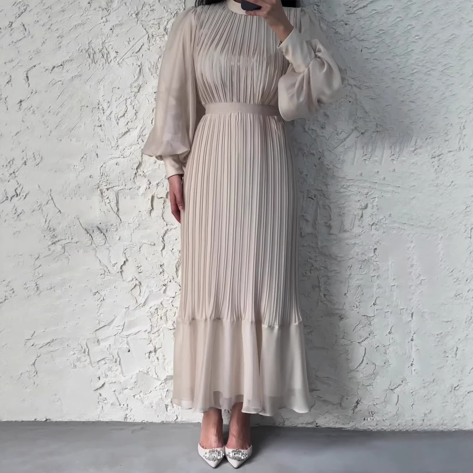 Elegant Mature Style Women's Spring Long Dress with Pleats, Wine Red