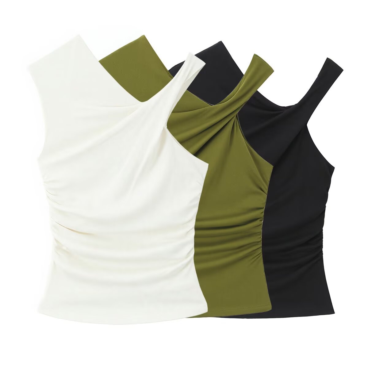 Double layered asymmetrical slanted neck pleated T-shirt