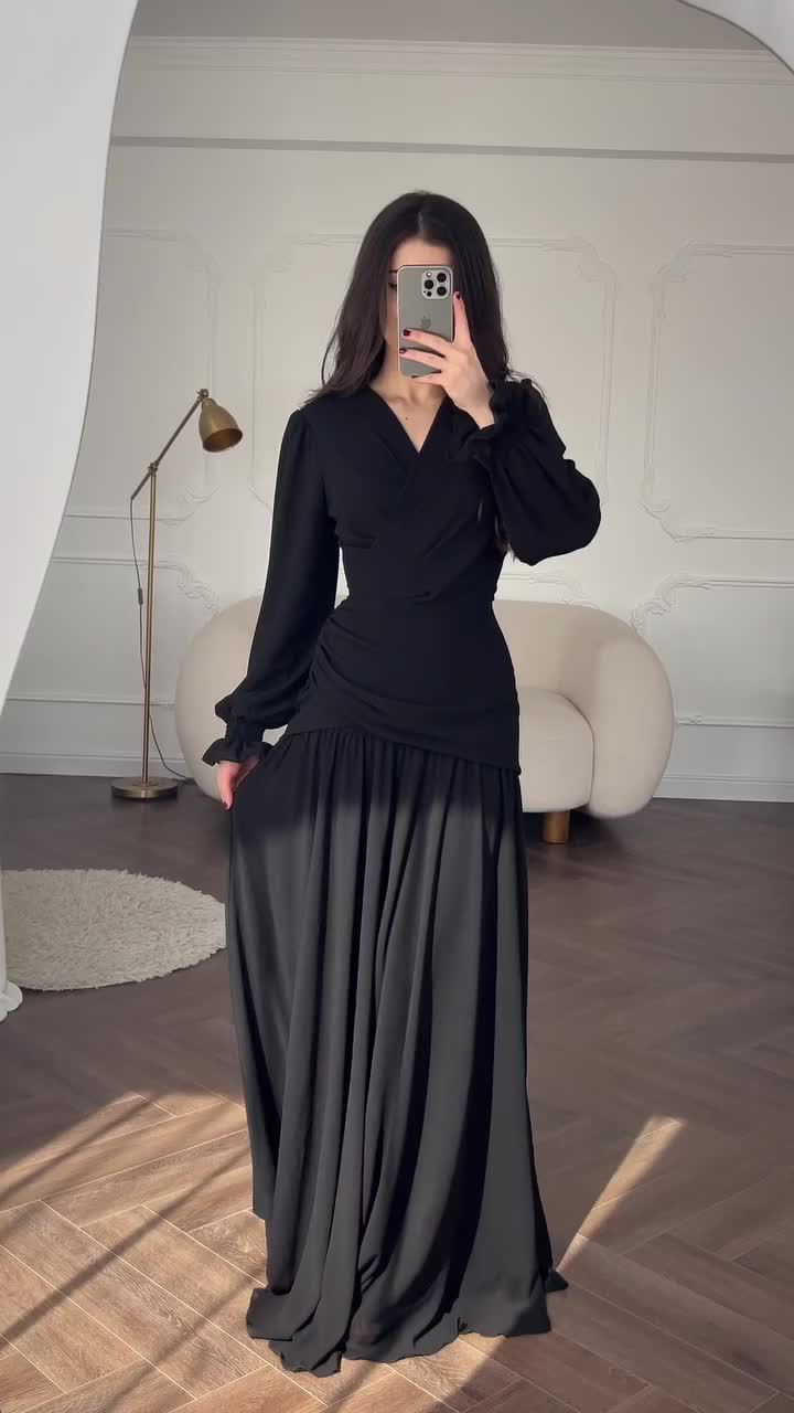Elegant long sleeve dress on model back view