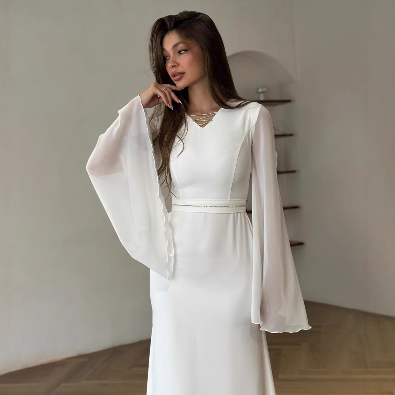 Style long sleeve autumn dress, plus size women's pencil fitted V-neck white dress