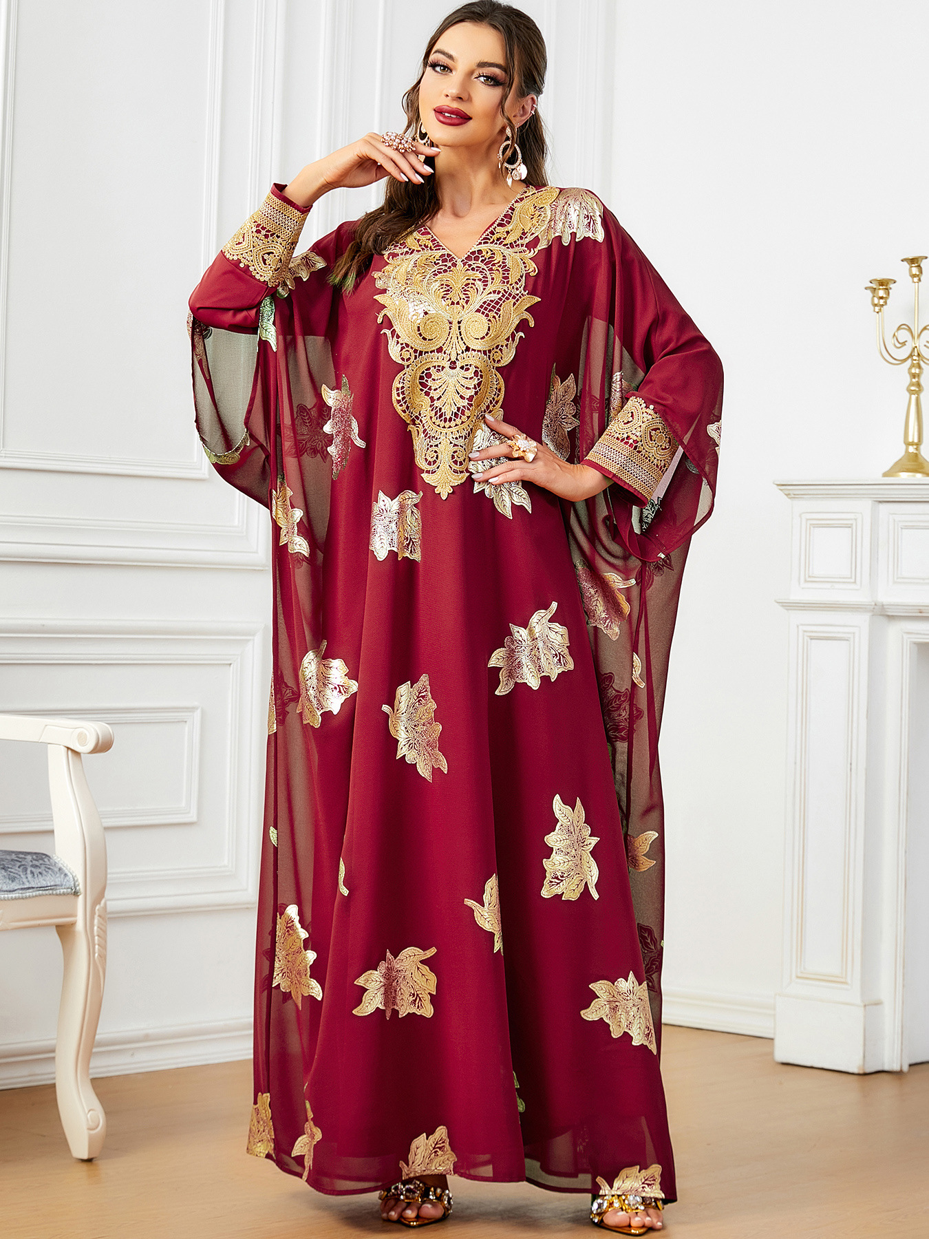 Red chiffon two-piece V-neck maxi dress - Vilmere