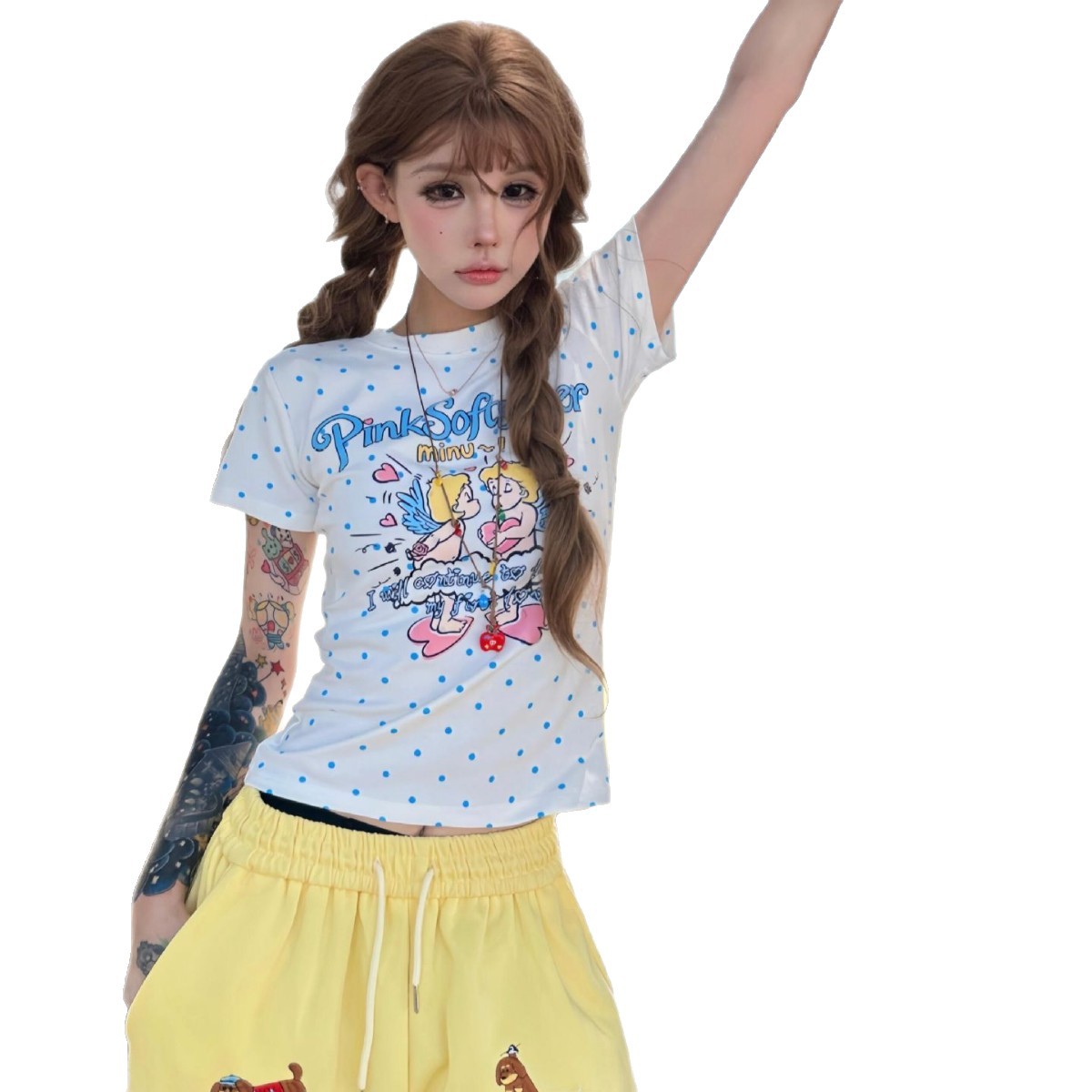 Trendy Cupid Print Polka Dot Regular Shoulder Short Sleeve T-Shirt