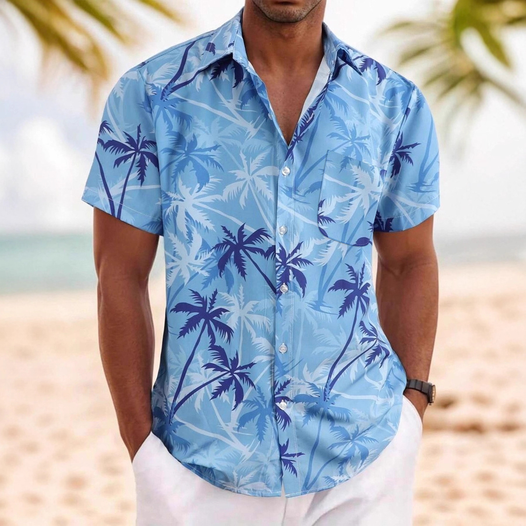 Hawaiian Men's Shirt with Coconut Tree Beach Print, Loose Casual Vacation Style Short Sleeve Shirt