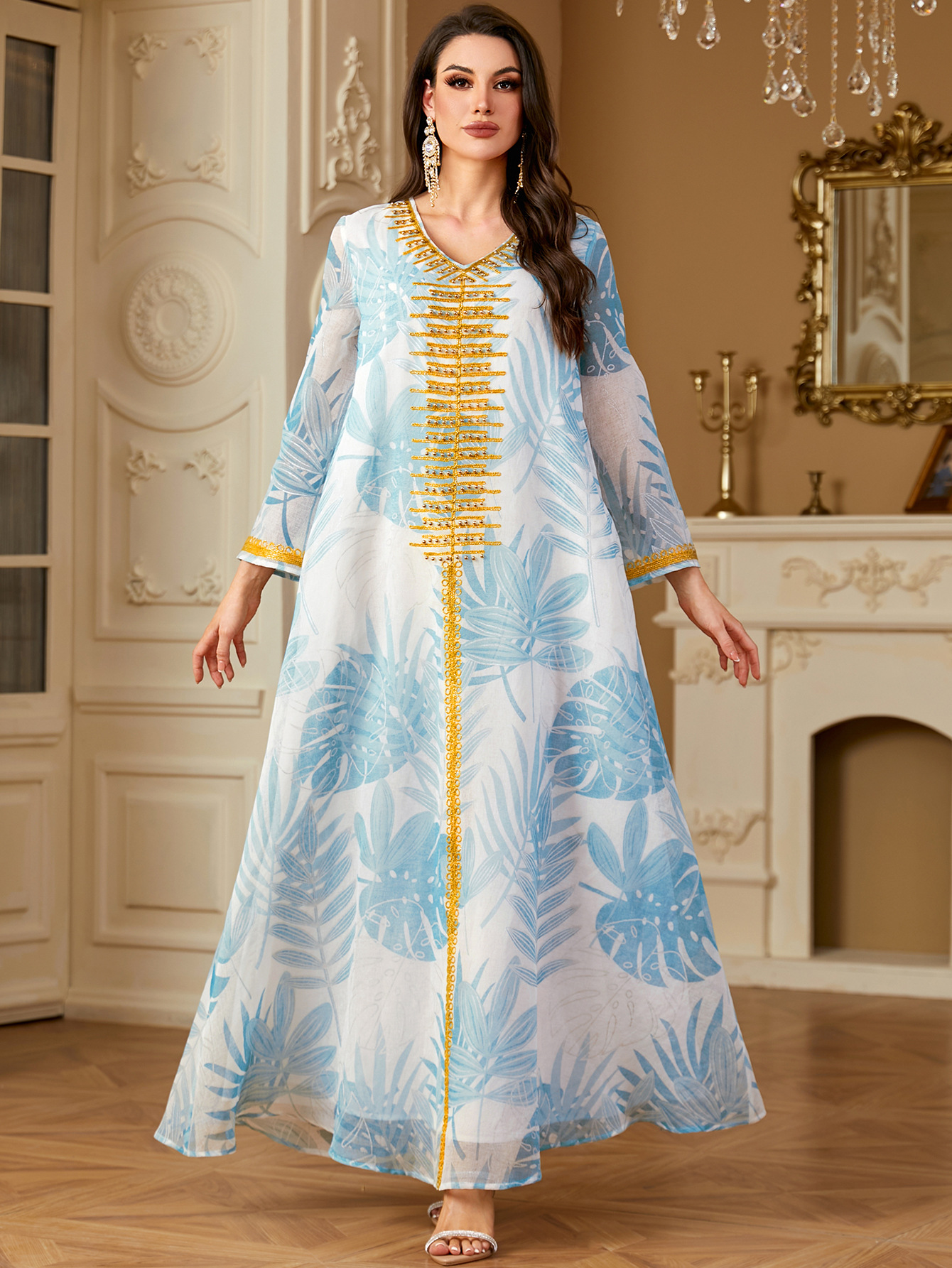 Embroidered light blue v-neck maxi dress - Vilmere