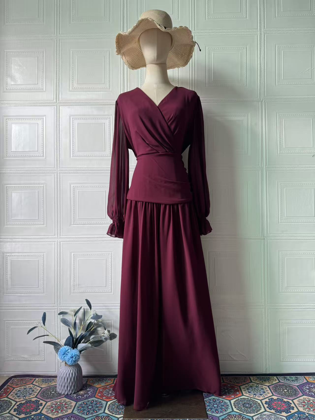 Women chiffon polka dot dress full length