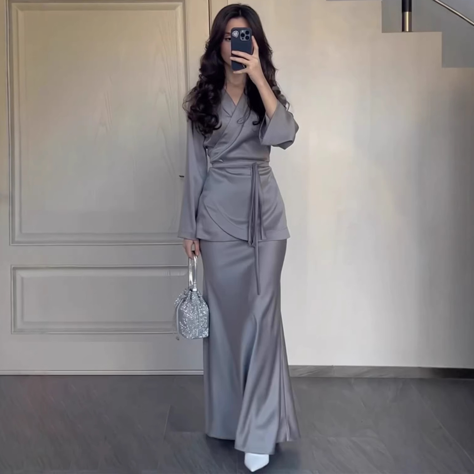 Waist Cinching Long Dress Set Feel Export New Style Satin Patchwork Spring Design Women's Dress